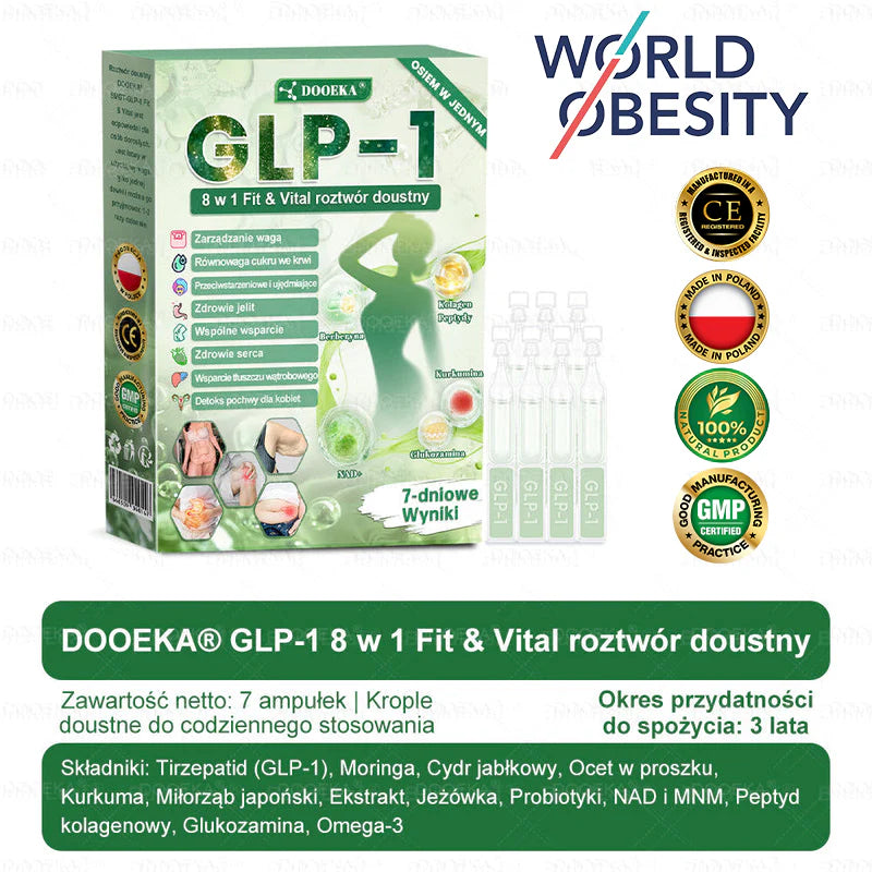 🍀🍀DOOEKA® GLP-1 8 w 1 Fit & Vital roztwór doustny – Raz dziennie, widoczne zmiany w ciągu 7 dni / W przypadku otyłości, zdrowia serca i układu krążenia, cukrzycy, bezdechu sennego, zdrowia jelit, problemów ze stawami i wielu innych
